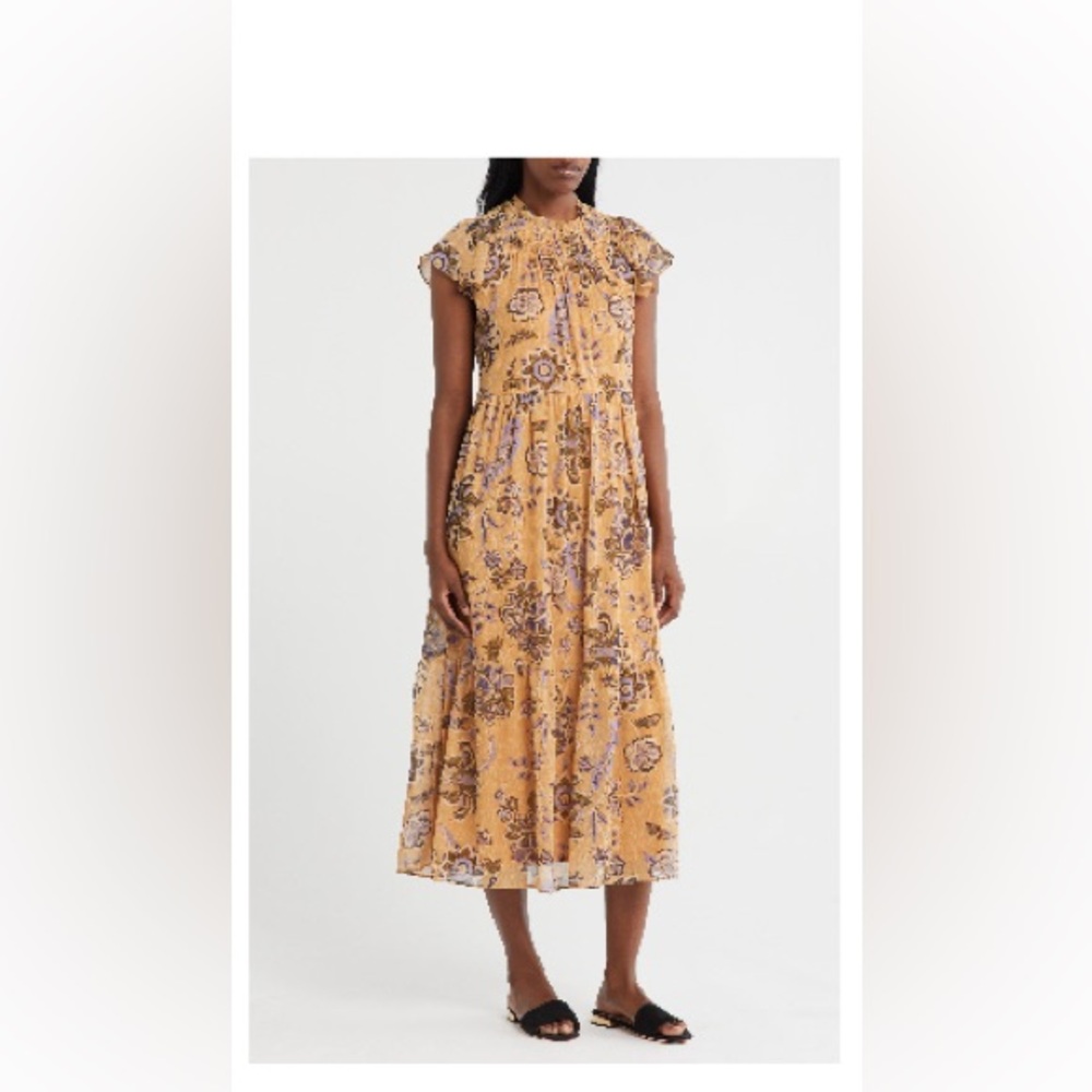 Good Journey smocked Flutter Sleeve Gold Tones Floral Maxi Dress Various sizes